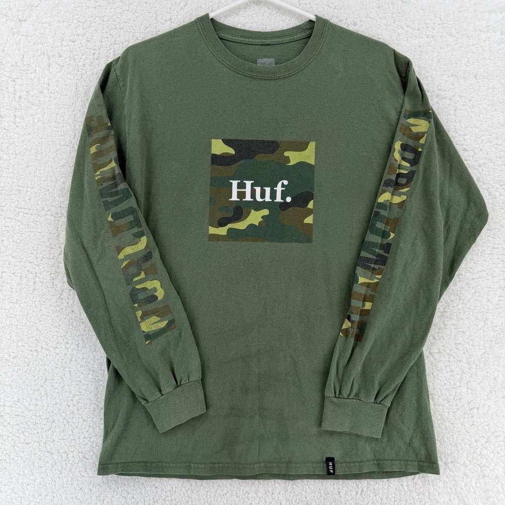 Huf Shirt Mens Medium Green Camo Box‎ Logo Long Sleeve Streetwear Graphic Skater